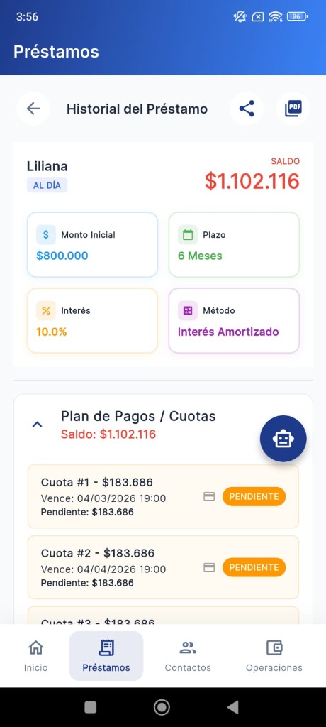 Pantalla de inicio de la app de gestión de préstamos PrestAmigos